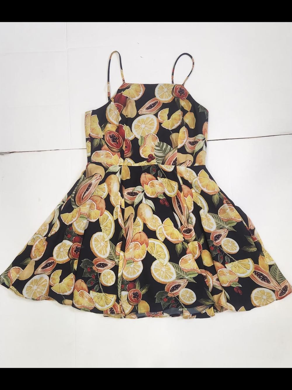 Gianni Bini Black Tropical Citrus Fit-and-Flare Spaghetti Strap Dress